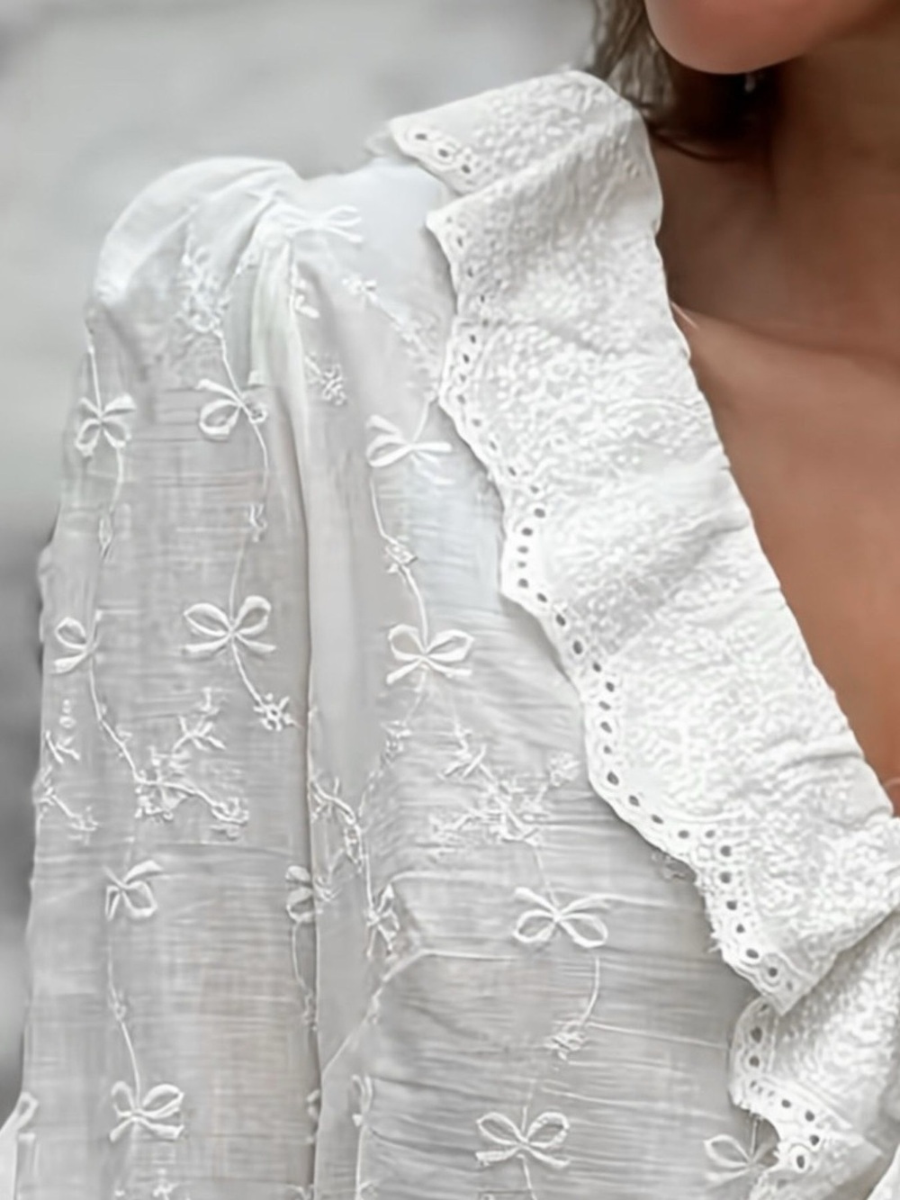 Bow Embroidered Ruffled V-Neck Blouse - Picture 3 of 4
